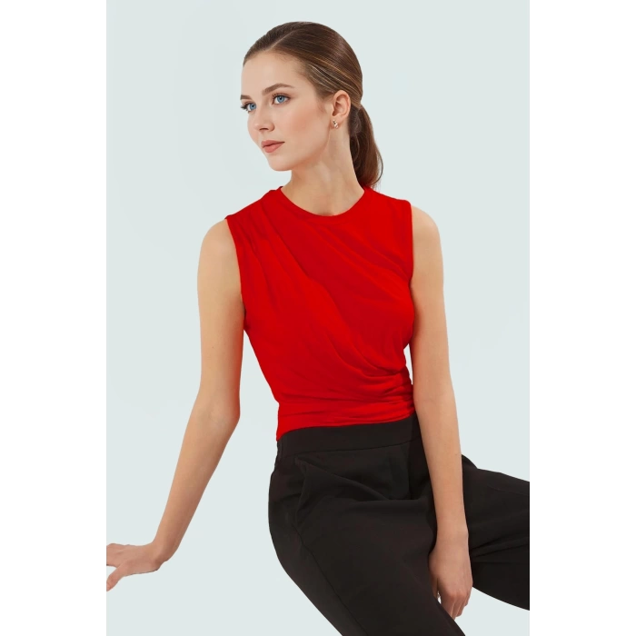 Crop Viskoz Bluz Büzgü Detaylı Bisiklet Yaka Fitted Dayanıklı Malzeme Uzun Ömürlü