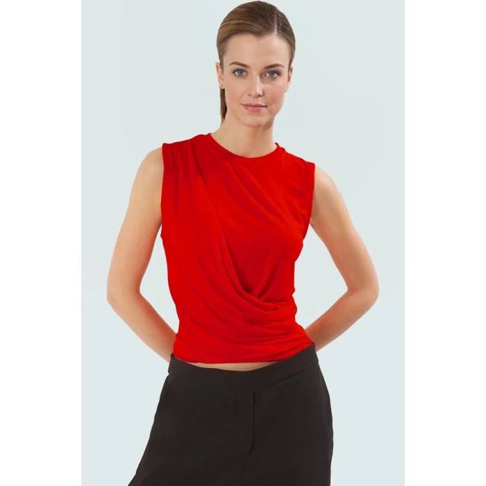 Crop Viskoz Bluz Büzgü Detaylı Bisiklet Yaka Fitted Dayanıklı Malzeme Uzun Ömürlü