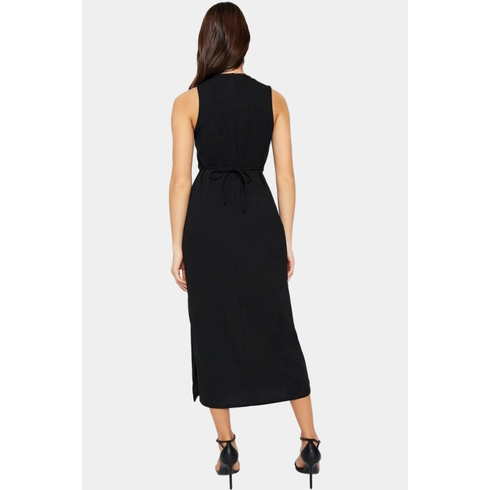 Cut Out Detaylı Scuba Krep Elbise Choker Yaka Midi Boy Özenle Seçilmiş Dayanıklı Malzeme Uzun Ömürlü
