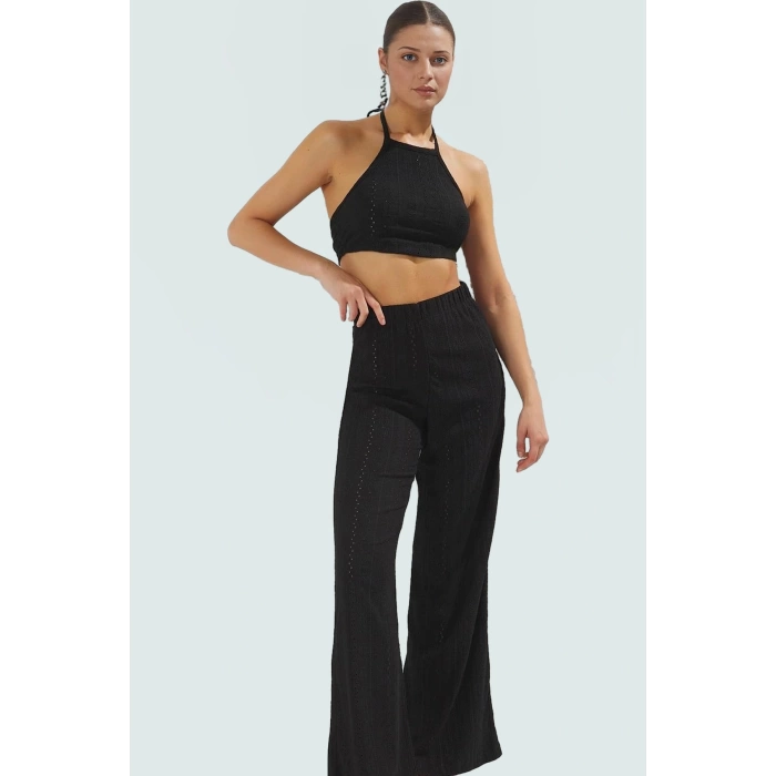 Dantel Detaylı Halter Yaka Crop Bluz ve Geniş Paça Pantolon Plaj Takımı Özel Tasarım