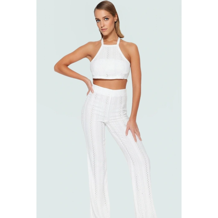Dantel Detaylı Halter Yaka Crop Bluz ve Geniş Paça Pantolon Plaj Takımı Özel Tasarım
