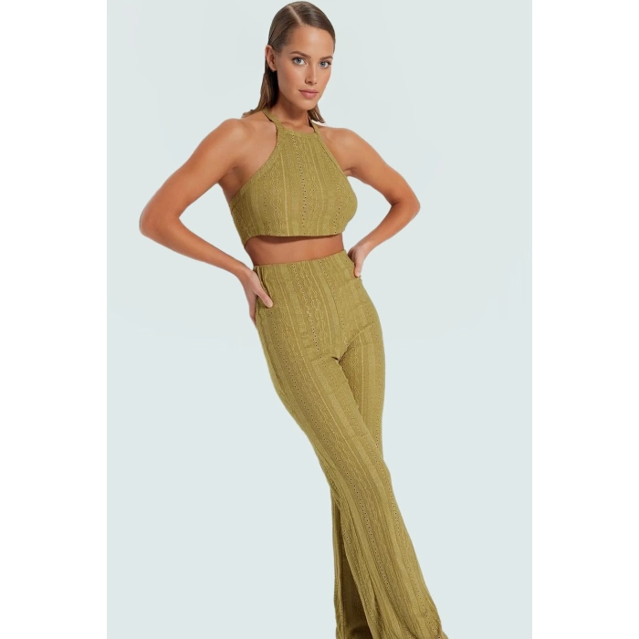 Dantel Detaylı Halter Yaka Crop Bluz ve Geniş Paça Pantolon Plaj Takımı Özel Tasarım