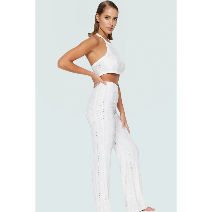 Dantel Detaylı Halter Yaka Crop Bluz ve Geniş Paça Pantolon Plaj Takımı Özel Tasarım