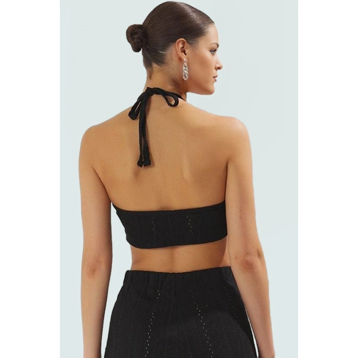 Dantel Detaylı Halter Yaka Crop Bluz ve Geniş Paça Pantolon Plaj Takımı Özel Tasarım
