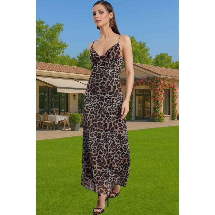 Degaje Yaka Midi Boy Tül Abiye Elbise Leopar Desenli Bodycon Rahat Kullanım Zarifane Tasarım