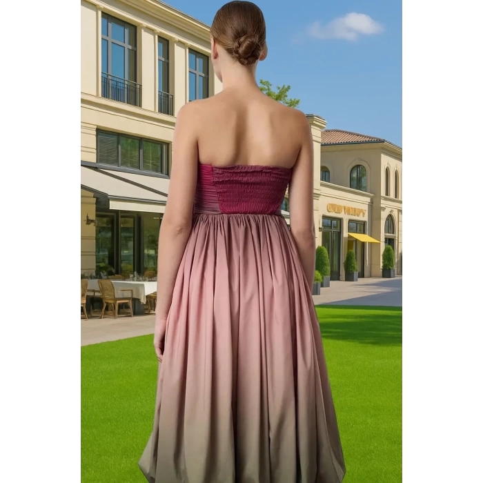 Degrade Balon Etekli Straplez Poplin Abiye Elbise Premium Kalite Trend Tasarım Profesyonel Görünüm