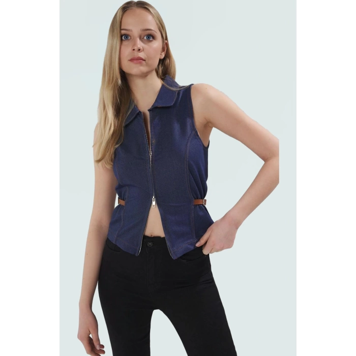 Denim Bluz 2 İplik Penye Örme Full Fermuar Aksesuar Detaylı Rahat Kalıp Yüksek Kalite