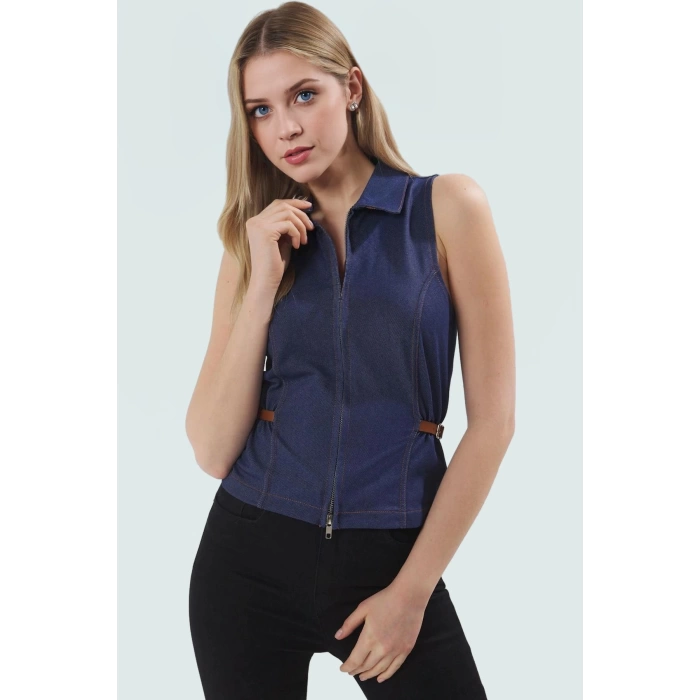 Denim Bluz 2 İplik Penye Örme Full Fermuar Aksesuar Detaylı Rahat Kalıp Yüksek Kalite