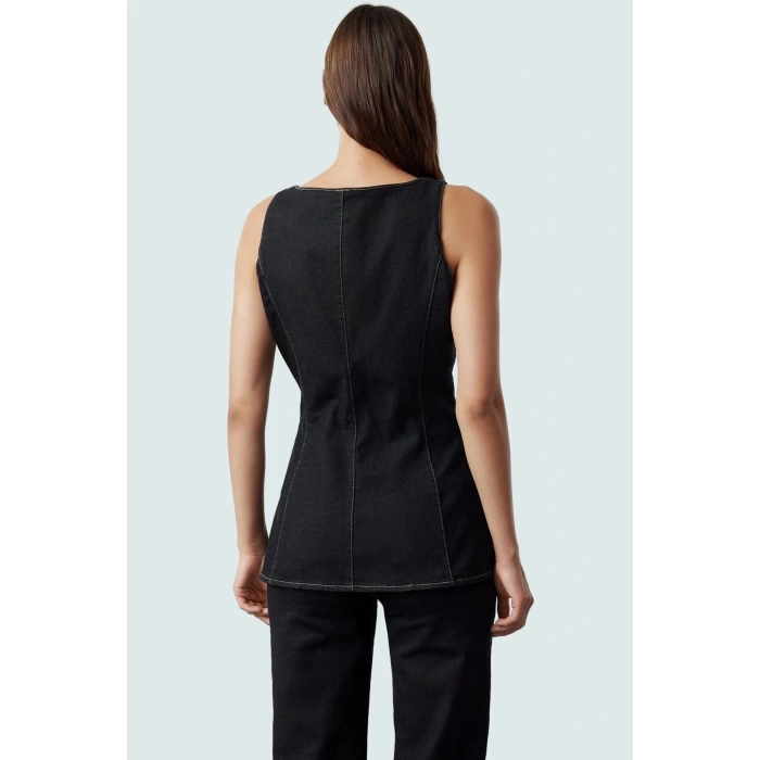 Denim Fermuarlı Kare Yaka Bluz Basic Fitted Kalıp Rahat Ve Şık Dayanıklı Malzeme