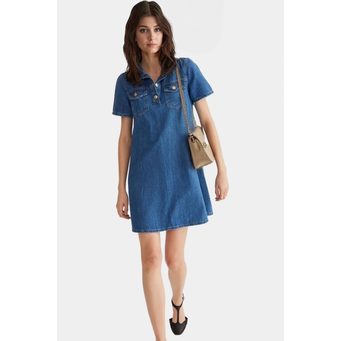 Denim Gömlek Elbise Kısa Kollu Pamuk Casual Günlük Zarifane Tasarım Kaliteli İşçilik