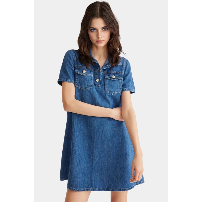 Denim Gömlek Elbise Kısa Kollu Pamuk Casual Günlük Zarifane Tasarım Kaliteli İşçilik