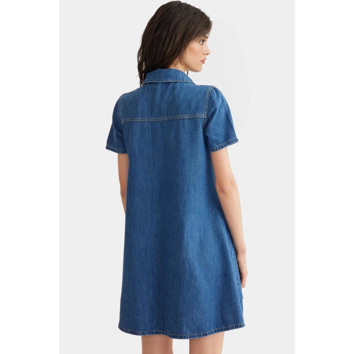 Denim Gömlek Elbise Kısa Kollu Pamuk Casual Günlük Zarifane Tasarım Kaliteli İşçilik