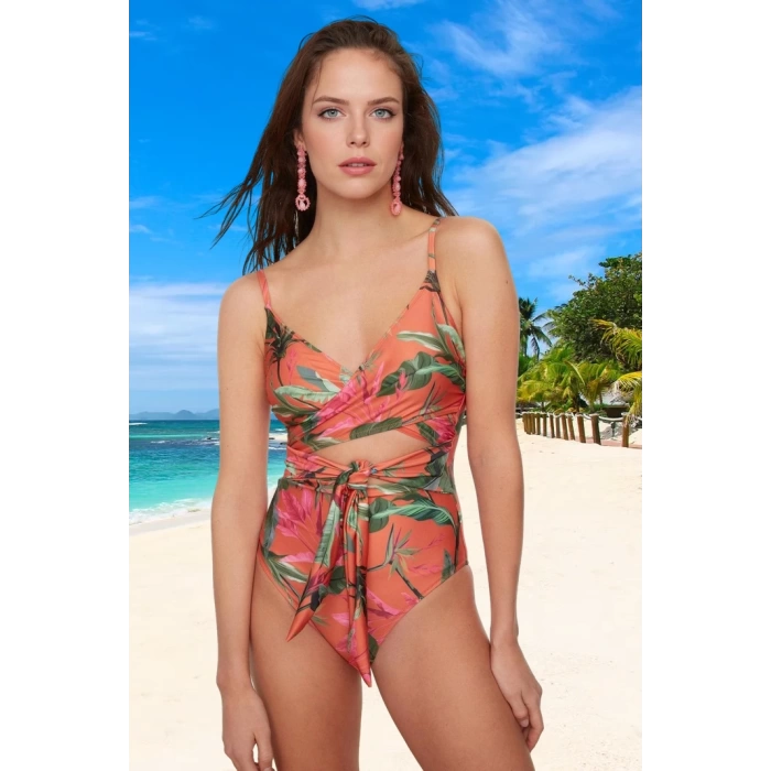 Desenli Bağlamalı Mayo Su Sporları İçin Ergonomik Kesim Plaj Mayosu Swimsuit Sporu Kıyafeti
