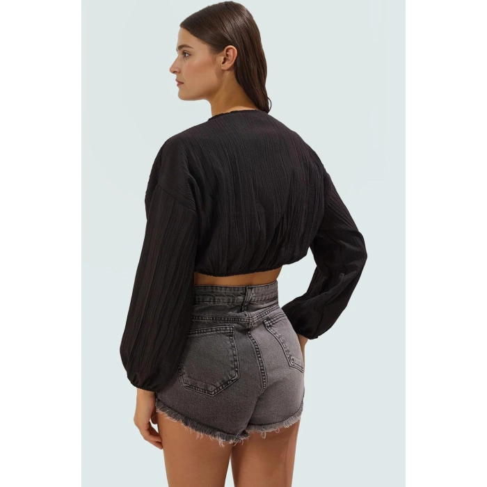 Dokuma Crinkle Plaj Bluz Bağlamalı Detay Regular Uzun Kollu Yazlık Ömürlü