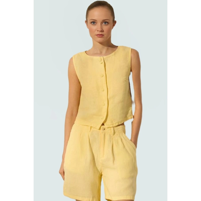 Dokuma Keten Bluz Kolsuz Crop Regular Günlük Kombin Dayanıklı Malzeme Şık Görünüm Modern Stil