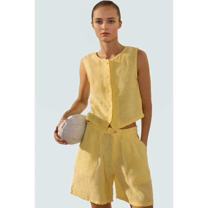 Dokuma Keten Bluz Kolsuz Crop Regular Günlük Kombin Dayanıklı Malzeme Şık Görünüm Modern Stil