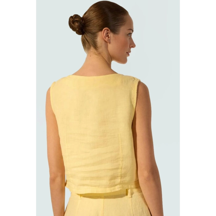 Dokuma Keten Bluz Kolsuz Crop Regular Günlük Kombin Dayanıklı Malzeme Şık Görünüm Modern Stil