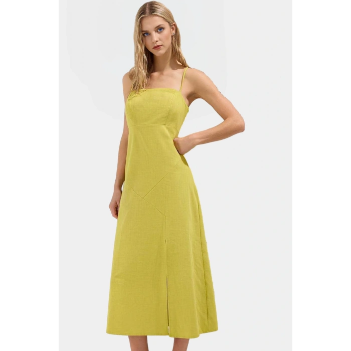 Dokuma Pamuk Keten Maxi Elbise A line Kesim Kolsuz Modern Stil Rahat Kullanım