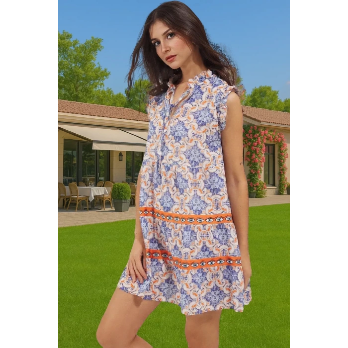 Dokuma Pamuk Mini Elbise Geometrik Çini Desenli Yazlık Uzun Ömürlü Mükemmel Uyum Modern Stil
