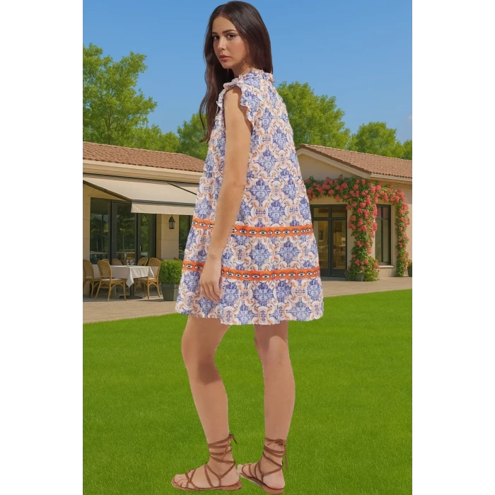 Dokuma Pamuk Mini Elbise Geometrik Çini Desenli Yazlık Uzun Ömürlü Mükemmel Uyum Modern Stil
