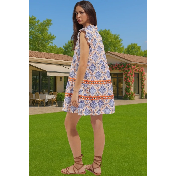 Dokuma Pamuk Mini Elbise Geometrik Çini Desenli Yazlık Uzun Ömürlü Mükemmel Uyum Modern Stil