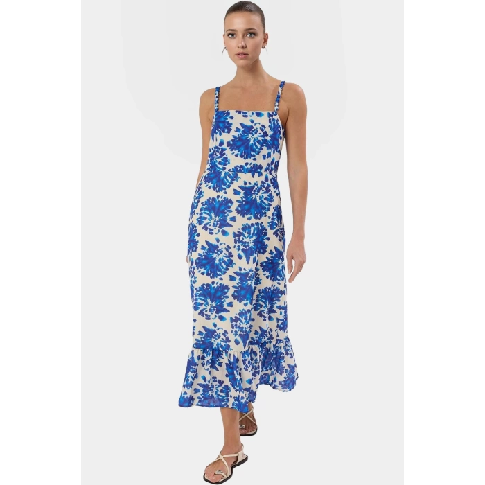 Dokuma Polyester Maxi Elbise Çiçekli Desen Kalp Yaka Skater Yazlık Özel Tasarım