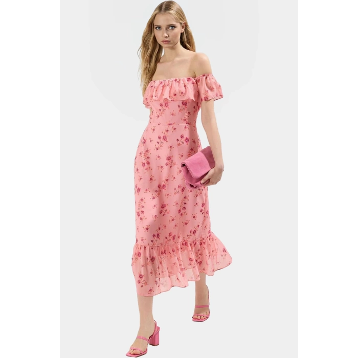 Dokuma Polyester Midi Elbise Belden Açılan Etek Çiçek Desenli Carmen Yaka Günlük Kullanım İçin