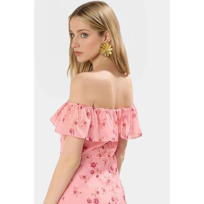 Dokuma Polyester Midi Elbise Belden Açılan Etek Çiçek Desenli Carmen Yaka Günlük Kullanım İçin