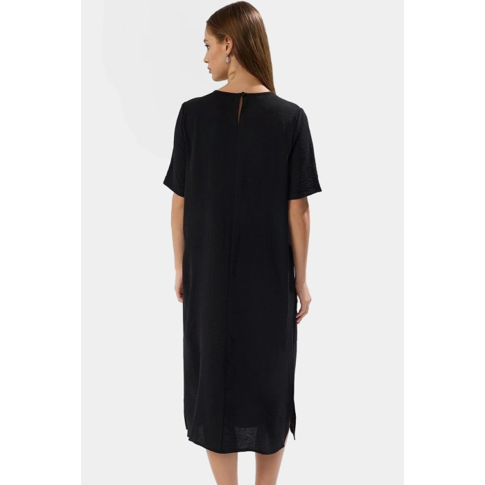 Dokuma Polyester Midi Elbise Bisiklet Yaka Shift Kalıp Düz Desen 115 cm Boy Modern Stil