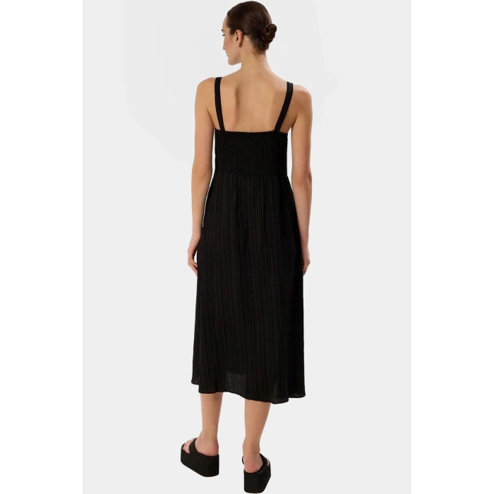 Dokuma Polyester Midi Elbise V Yaka Belden Skater Kalıp Gipeli Rahat Yüksek Kalite Şık Görünüm