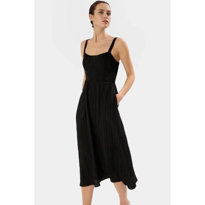 Dokuma Polyester Midi Elbise V Yaka Belden Skater Kalıp Gipeli Rahat Yüksek Kalite Şık Görünüm