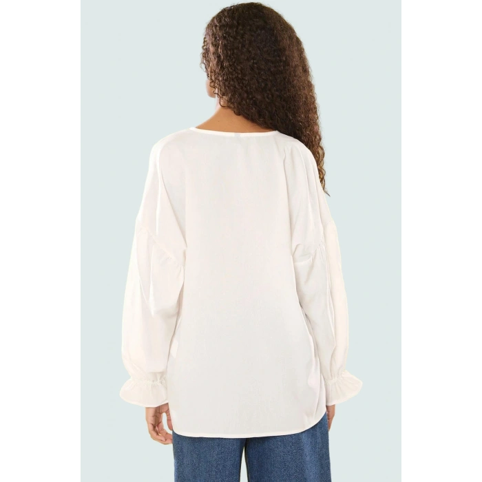 Dokuma Terrycotton Bluz V Yaka Uzun Kollu Oversize Kalıp Ömürlü Rahat Ve Şık