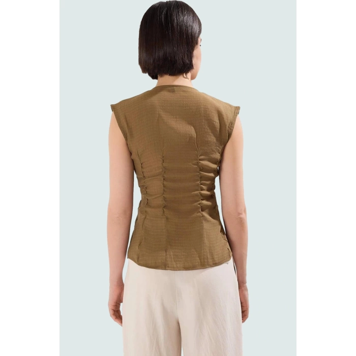 Dokuma Viskoz Bluz V Yaka Fitted Kolsuz Yazlık Rahat Yüksek Kalite Dayanıklı Malzeme