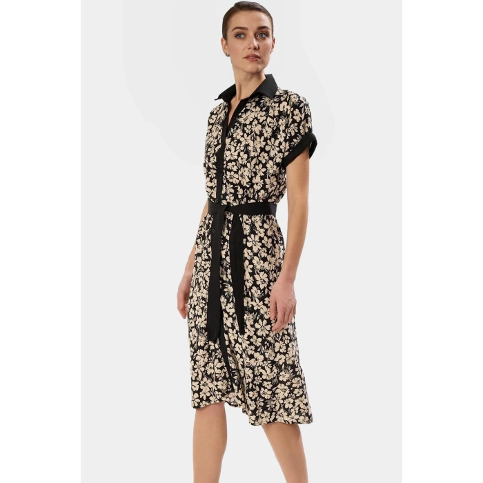 Dokuma Viskoz Gömlek Elbise Çiçek Desenli Midi Boy Trend Tasarım Rahat Kullanım Modern Stil