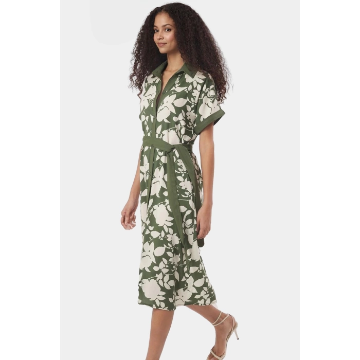 Dokuma Viskoz Gömlek Elbise Çiçek Desenli Midi Boy Trend Tasarım Rahat Kullanım Modern Stil