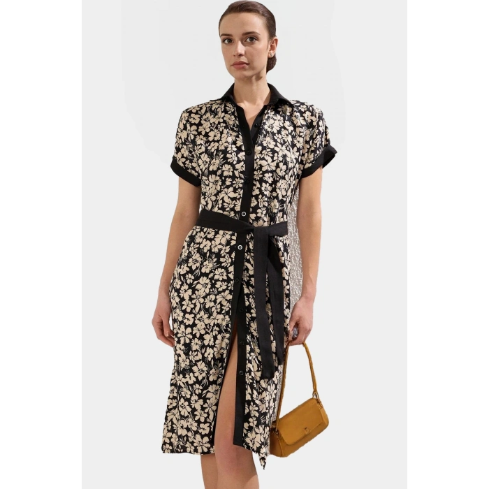 Dokuma Viskoz Gömlek Elbise Çiçek Desenli Midi Boy Trend Tasarım Rahat Kullanım Modern Stil