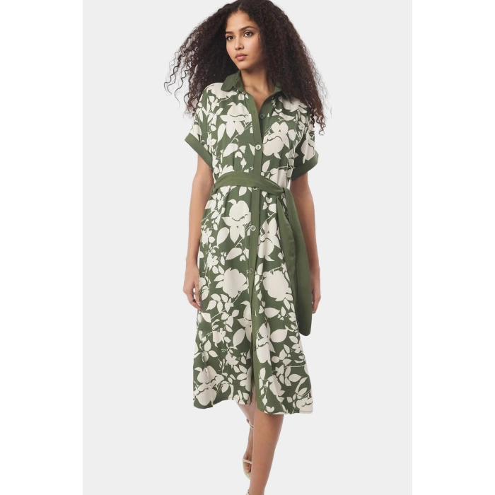Dokuma Viskoz Gömlek Elbise Çiçek Desenli Midi Boy Trend Tasarım Rahat Kullanım Modern Stil
