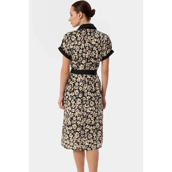 Dokuma Viskoz Gömlek Elbise Çiçek Desenli Midi Boy Trend Tasarım Rahat Kullanım Modern Stil