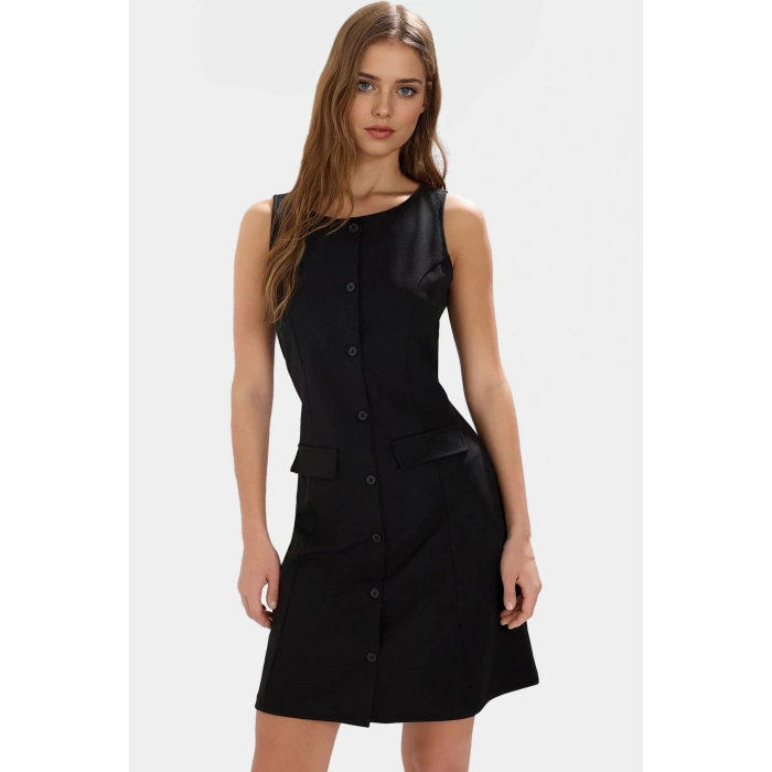 Düğmeli Mini Elbise Skater Örme Kumaş Yazlık Rahat Zarifane Tasarım Modern Stil