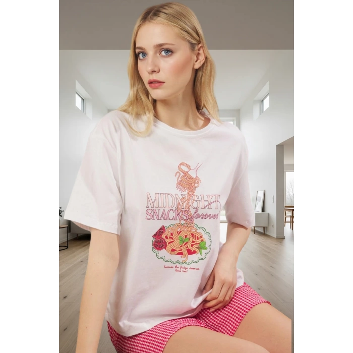 Ekose Desenli Bisiklet Yaka Kısa Kollu Pijama Takımı Yazlık ve Rahat Kullanım Şık