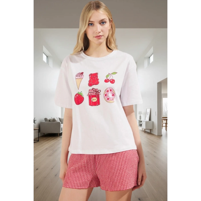 Ekose Desenli Bisiklet Yaka Kısa Kollu Pijama Takımı Yazlık ve Rahat Kullanım Şık