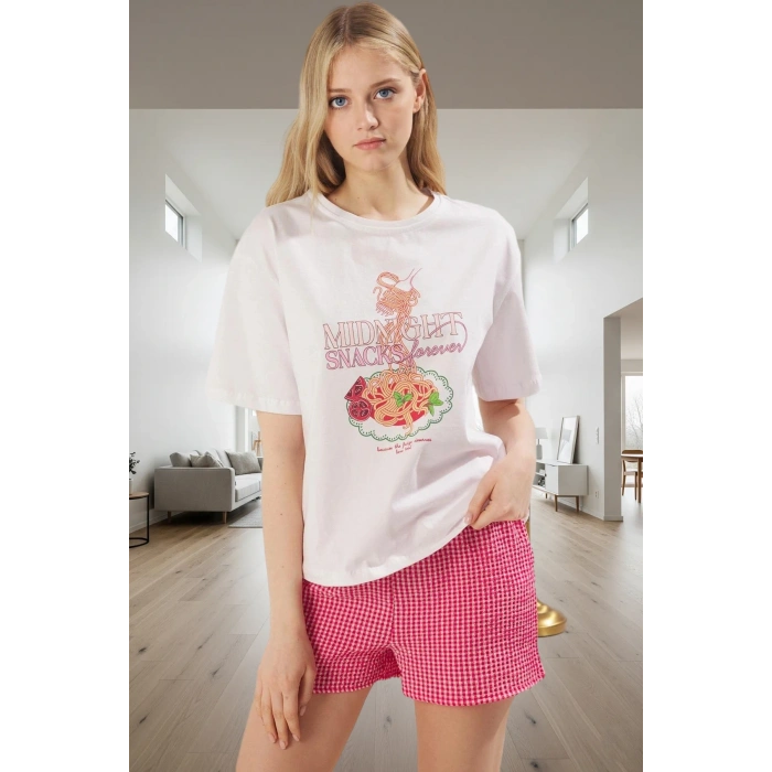 Ekose Desenli Bisiklet Yaka Kısa Kollu Pijama Takımı Yazlık ve Rahat Kullanım Şık