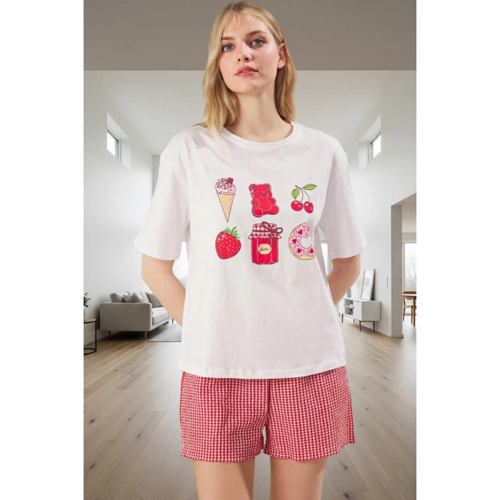 Ekose Desenli Bisiklet Yaka Kısa Kollu Pijama Takımı Yazlık ve Rahat Kullanım Şık