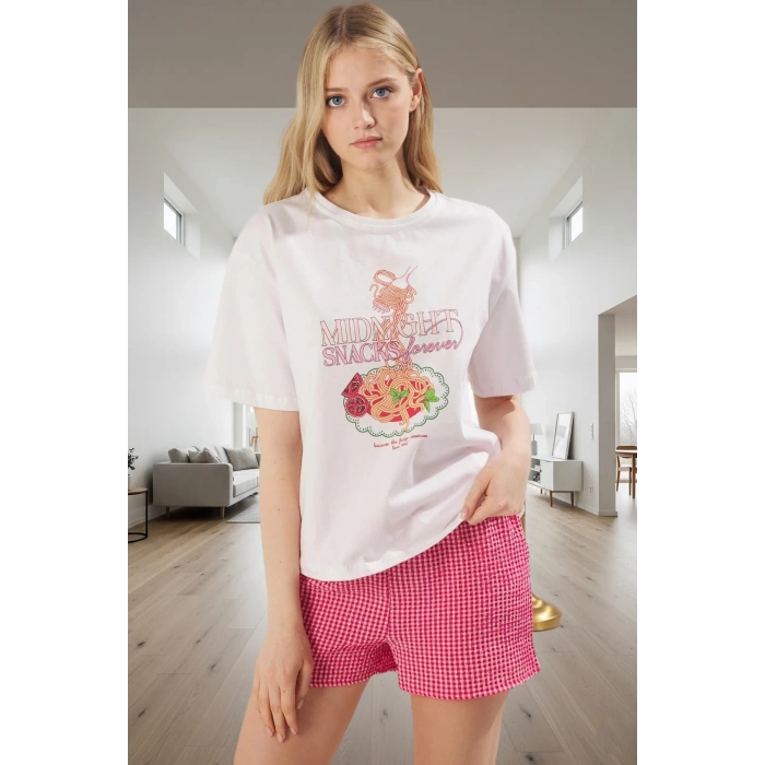 Ekose Desenli Bisiklet Yaka Kısa Kollu Pijama Takımı Yazlık ve Rahat Kullanım Şık