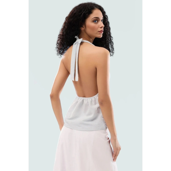 Ekose Gofre Bluz Şık V Yaka ve Rahat Polyester Kumaş Trend Tasarım Zarifane