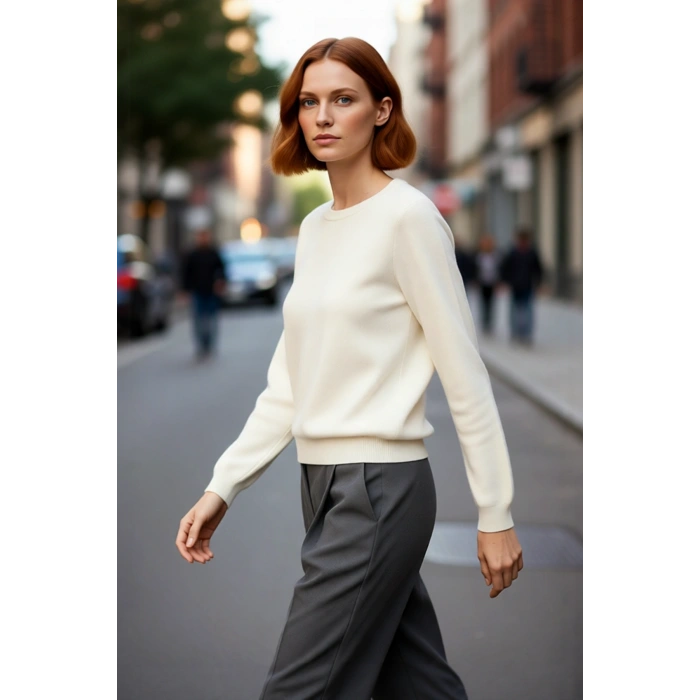 Ekru Renkli Kadın Regular Kalıp Bisiklet Yaka Kalp Motifli Triko Kazak Kış Modasına Şık Dokunuş