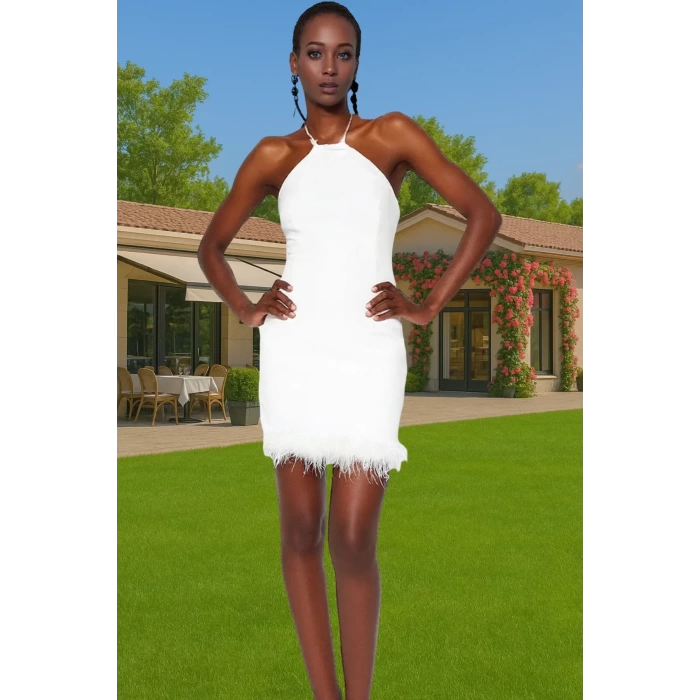 Elbise Bodycon Mini Abiye Tüy Detaylı Finike Dokuma Polyester Yazlık Yüksek Kalite Özenle Seçilmiş