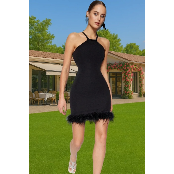 Elbise Bodycon Mini Abiye Tüy Detaylı Finike Dokuma Polyester Yazlık Yüksek Kalite Özenle Seçilmiş