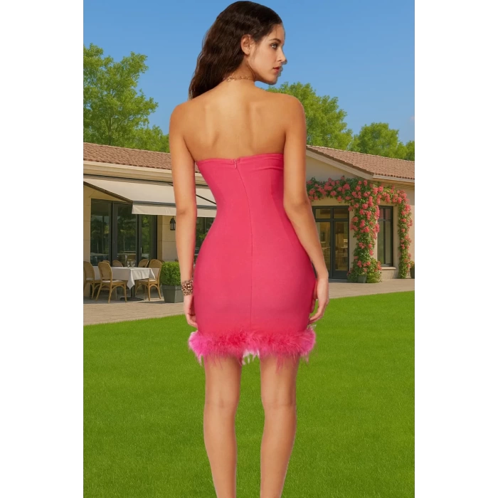 Elbise Bodycon Mini Abiye Tüy Detaylı Finike Dokuma Polyester Yazlık Yüksek Kalite Özenle Seçilmiş