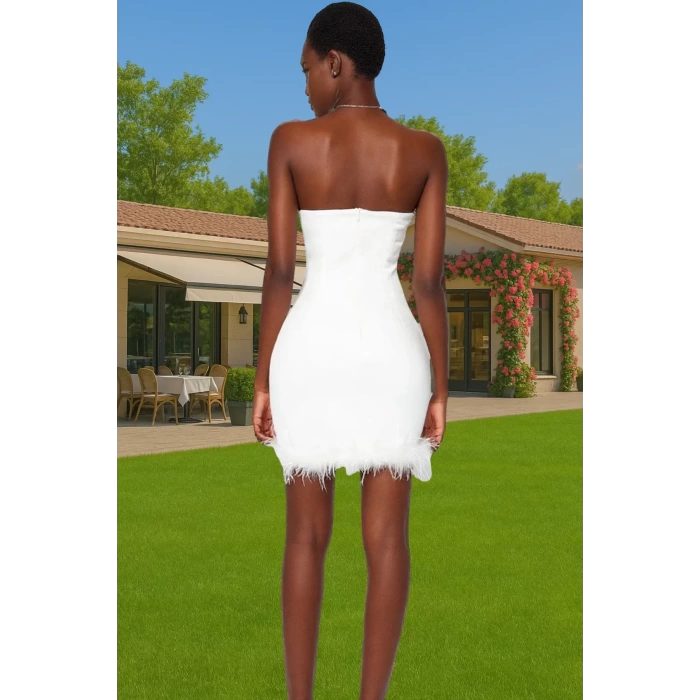 Elbise Bodycon Mini Abiye Tüy Detaylı Finike Dokuma Polyester Yazlık Yüksek Kalite Özenle Seçilmiş